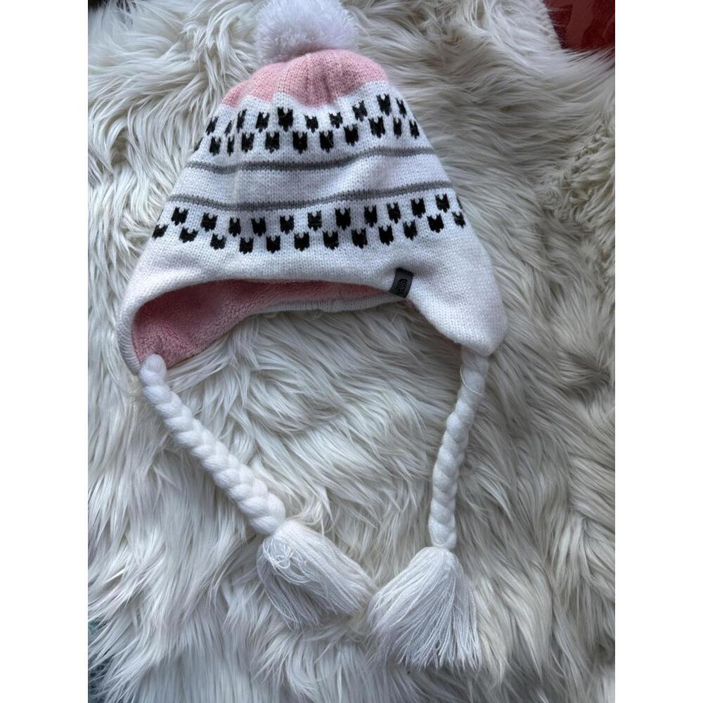 The North Face Pink and White Knit Winter Hat with Ear Flaps and Pom Pom
